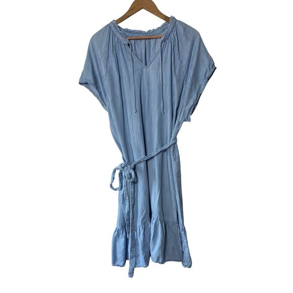 Dex Chambray Dress 3X Short Sleeve Western Cowgirl Ruffle Raw Hem Neckline Soft - Picture 2 of 8
